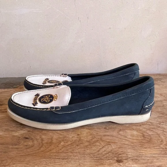 RALPH LAUREN POLO Vtg 80s Nautical Blue White Crest Loafer Deck Shoes 8.5AA Nice